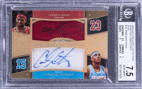 2005-06 UD "Exquisite Collection" Dual Scripted Swatches #JA LeBron James/Carmelo Anthony Signed Game Used Patch Card (#1/5) - BGS NM+ 7.5/BGS 10 
